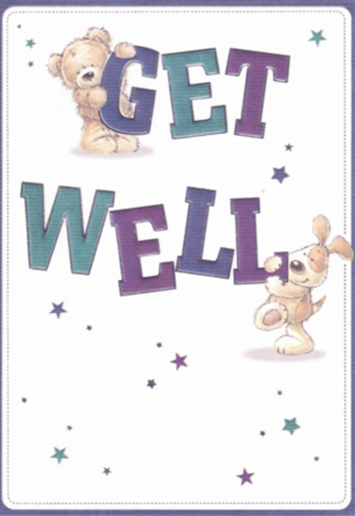 In this delightful get well card design, the artwork unfolds like a small story of friendship and recovery set against a clean, creamy-white stage. A plump teddy bear, rendered in warm honey and soft caramel tones, braces its fuzzy paws along the top edge of the oversized word GET, peering down with a wide, affectionate smile. Just below, a floppy-eared puppy in pale beige and gentle tan leans affectionately into the bold WELL, its ears cascading over the letters as if wrapping them in a comforting hug. Both characters are rounded and slightly exaggerated in shape, their softness conveyed through subtle shading that suggests the feel of plush fur-so tactile you can almost imagine hugging them after a slow stroll through Shepherd's Bush Green. The typography they cradle is big and confident, coloured in tiered shades of deep indigo, teal, and lighter aqua, similar to layered petals in a carefully colour-coordinated get well bouquet. The letters seem almost three-dimensional, like friendly building blocks stacked on a bedside table. Around them, clusters of starbursts in blues, purples, and turquoise flicker across the background, as if scattering little wishes of strength and comfort through the air above nearby streets like Wood Lane and Askew Road. Despite the playful elements, the composition remains ordered and serene, with generous white space creating a sense of cleanliness and clarity that can be especially soothing during recovery. The card feels suitable for all ages-innocent enough for children, yet quietly reassuring for adults. It's easy to imagine this card propped beside a vase of fresh flowers, the cheerful illustration and real blooms working together to brighten a room in Shepherd's Bush and gently remind someone that they're cared for and not alone.