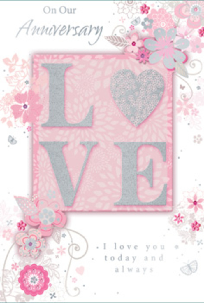 An open anniversary card is depicted in soft, flattering light, as though placed near a window overlooking Shepherd's Bush Green, its design paying homage to enduring romance. The central motif is the word LOVE, printed in generous capitals and finished with a frosted glitter effect that catches the light in a subtle, almost icy shimmer. The surface of each letter appears gently raised, offering a tactile contrast against the smooth cardstock. Behind it, a blush pink rectangle acts like a stage, glowing slightly against the surrounding expanse of pearly white and pale grey, creating the impression of a spotlight on the heart of the message. Around this central stage, hand-drawn florals and trailing leaves drift along the borders, their lines fine and almost whimsical, as if doodled by a florist while dreaming up the perfect anniversary bouquet. Petals in soft pink, hints of lilac, ivory, and muted silver cluster in light sprays rather than heavy bunches, giving the design a sense of air and space akin to the feeling of strolling along the quieter residential roads off Askew Road. Dainty flourishes-filigree curves, slender stems, and tiny butterflies-hide among the blossoms, suggesting both movement and the gentle flutter of happy anticipation. On the inside or lower section of the card, the phrase I love you today and always appears in graceful, understated type, not too bold, allowing the artwork to breathe. The overall impression is of a hand-tied bouquet translated into paper, elegant yet heartfelt, reminiscent of the carefully balanced arrangements crafted at Flowers Shepherd's Bush for couples celebrating another year side by side.