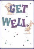A gently uplifting get well card illustration shows two whimsical friends-a soft, golden-brown teddy bear and a floppy-eared puppy-working together to share a heartfelt message. The bear leans cheerfully over the rounded, chunky letters of the word GET, while the puppy balances playfully at the base of the bold WELL, its ears tumbling down beside the letters. Both characters have open, expressive faces that radiate kindness and reassurance, as if they have padded in from a cosy living room off Uxbridge Road in Shepherd's Bush just to bring comfort. The typography is large and bouncy, shaded in rich indigo, teal, and hints of purple that give a gentle depth, like layered petals in a thoughtfully arranged bouquet. Around the characters, scattered star shapes in blues, lilacs, and aquas sparkle against a crisp, creamy white background, suggesting tiny bursts of hope floating in clear evening air above Shepherd's Bush Green. The card feels light and spacious, with plenty of breathing room around the design, mirroring the clean calm of a freshly tidied hospital bedside or a quiet recovery room at home. There is no clutter, only soothing colour and friendly faces. As a florist, I'm reminded of sending a bright get well posy-soft textures, comforting hues, and just enough whimsy to make someone smile after a difficult day. The overall mood is one of gentle optimism and childlike innocence, a perfect visual companion to fresh flowers delivered across Shepherd's Bush to lift a loved one's spirits as they heal, one small, hopeful moment at a time.